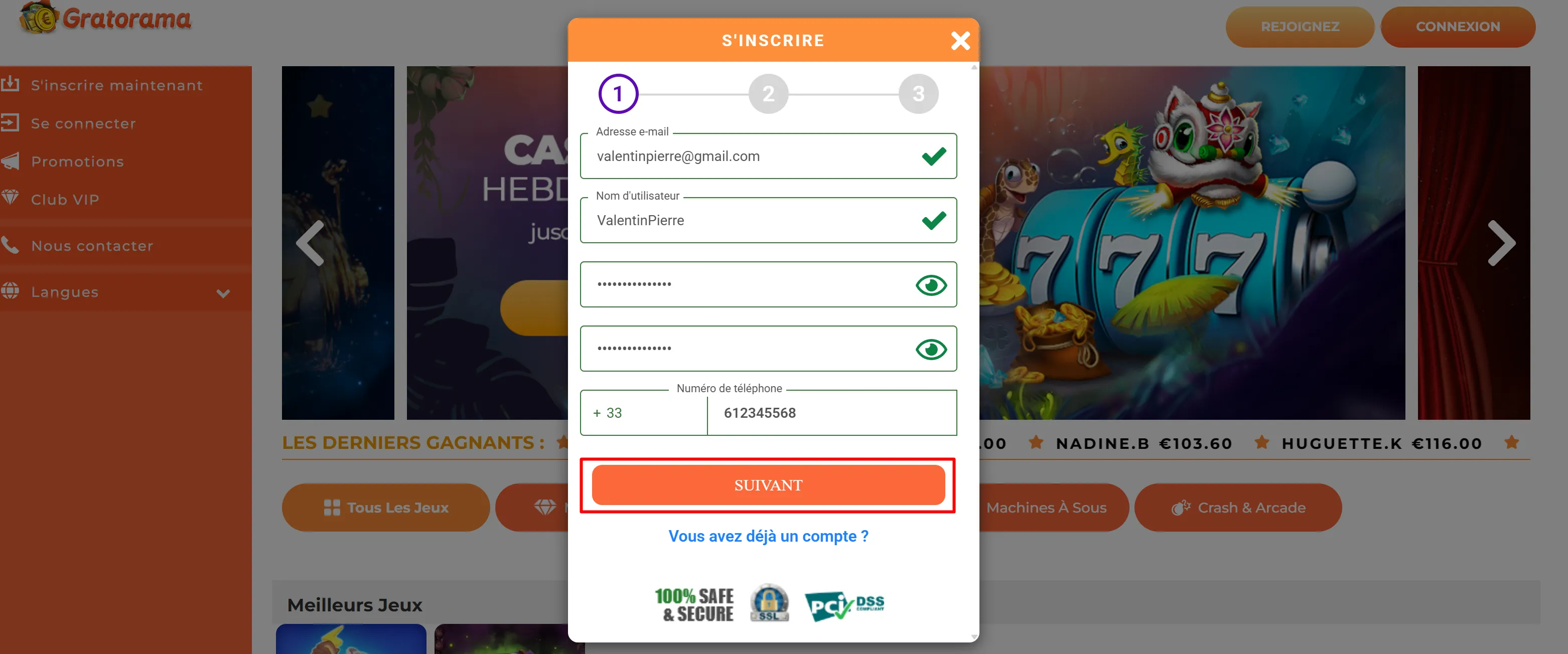 Formulaire de saisie des informations de connexion
